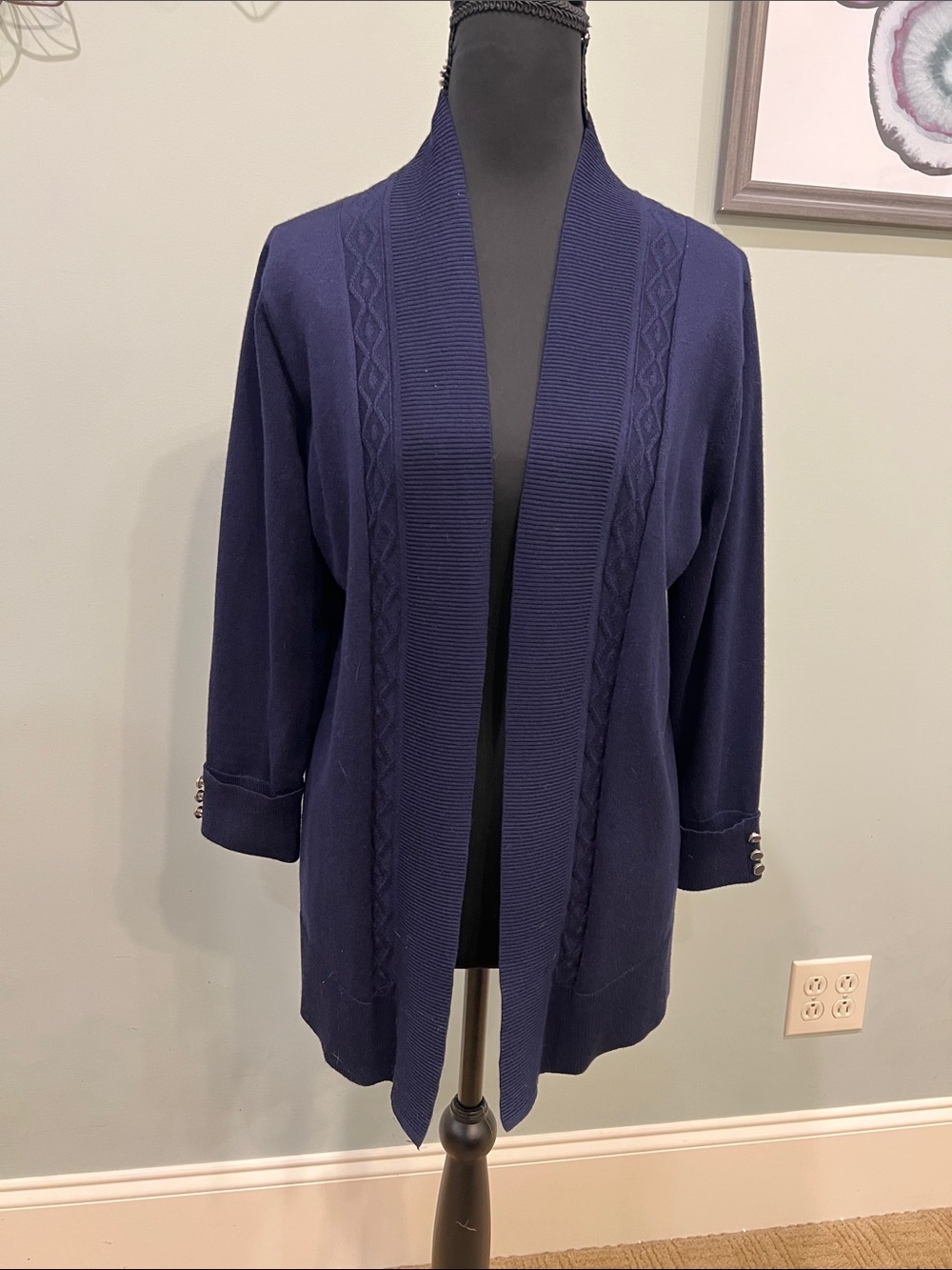 Navy Open-Front Knit Cardigan with Cable-Trim